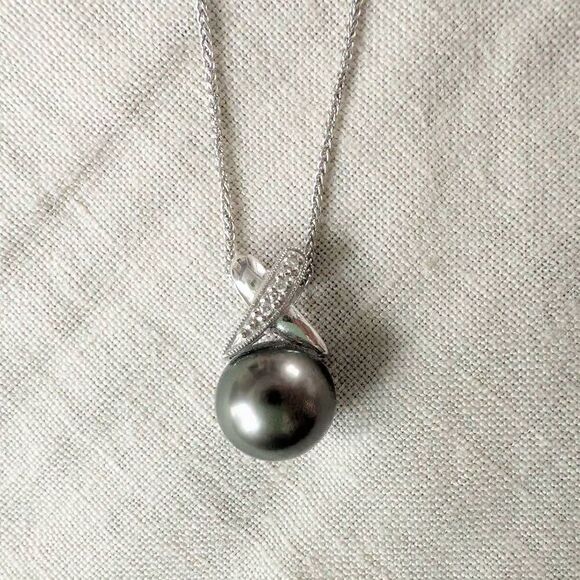 Tahitian 10 mm Cultured Pearl & Diamond 14kt White Gold Necklace - Picture 2 of 10